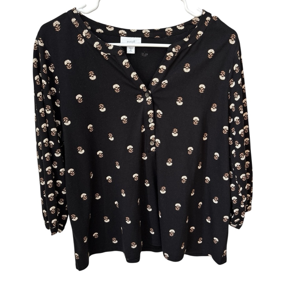 Pure Jill Split Neck Top Women’s Medium Petite Black Mixed Print